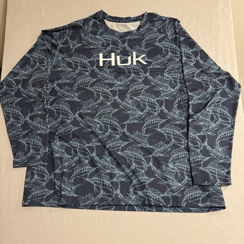 HUK Performance Fishing Long Sleeve Shirt XXXL Blue Fish All-over Print 3xl